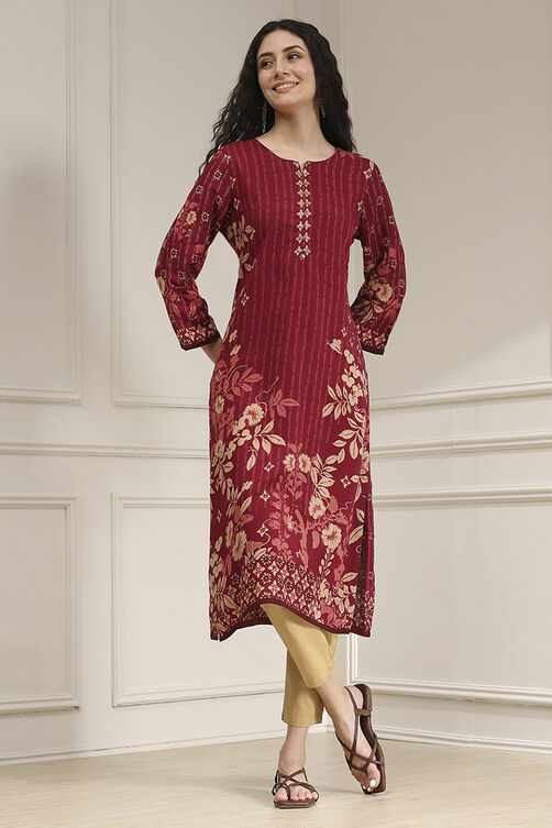 Berry Maroon Printed Straight Kurta image number 0