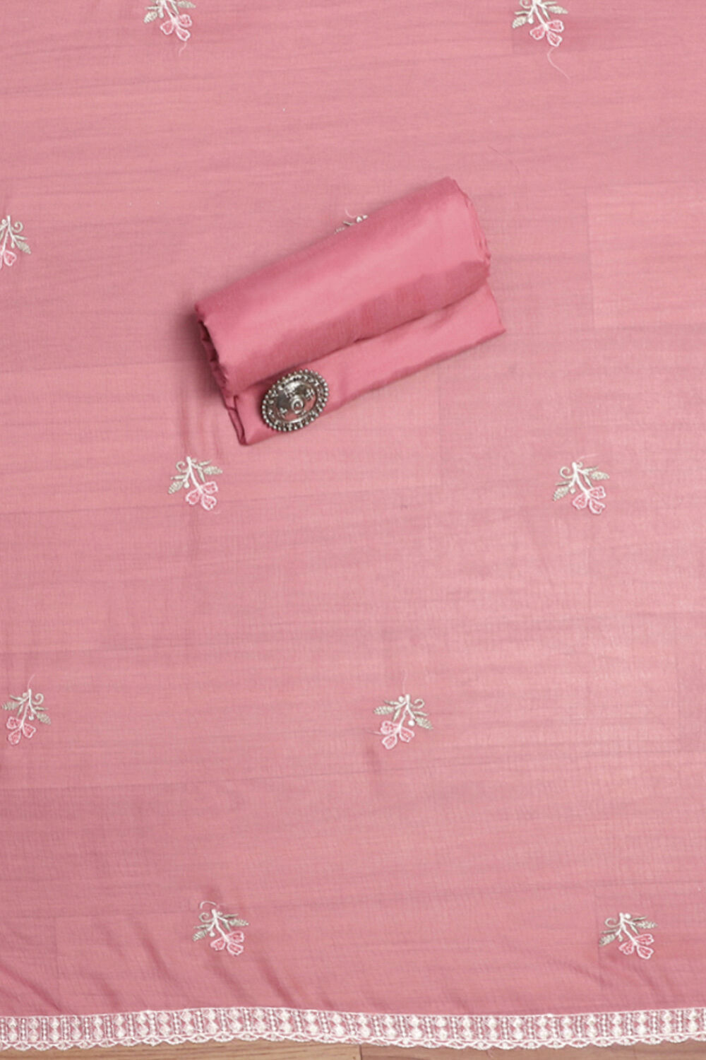 Pink Chanderi Blend Unstitched Suit Set image number 2