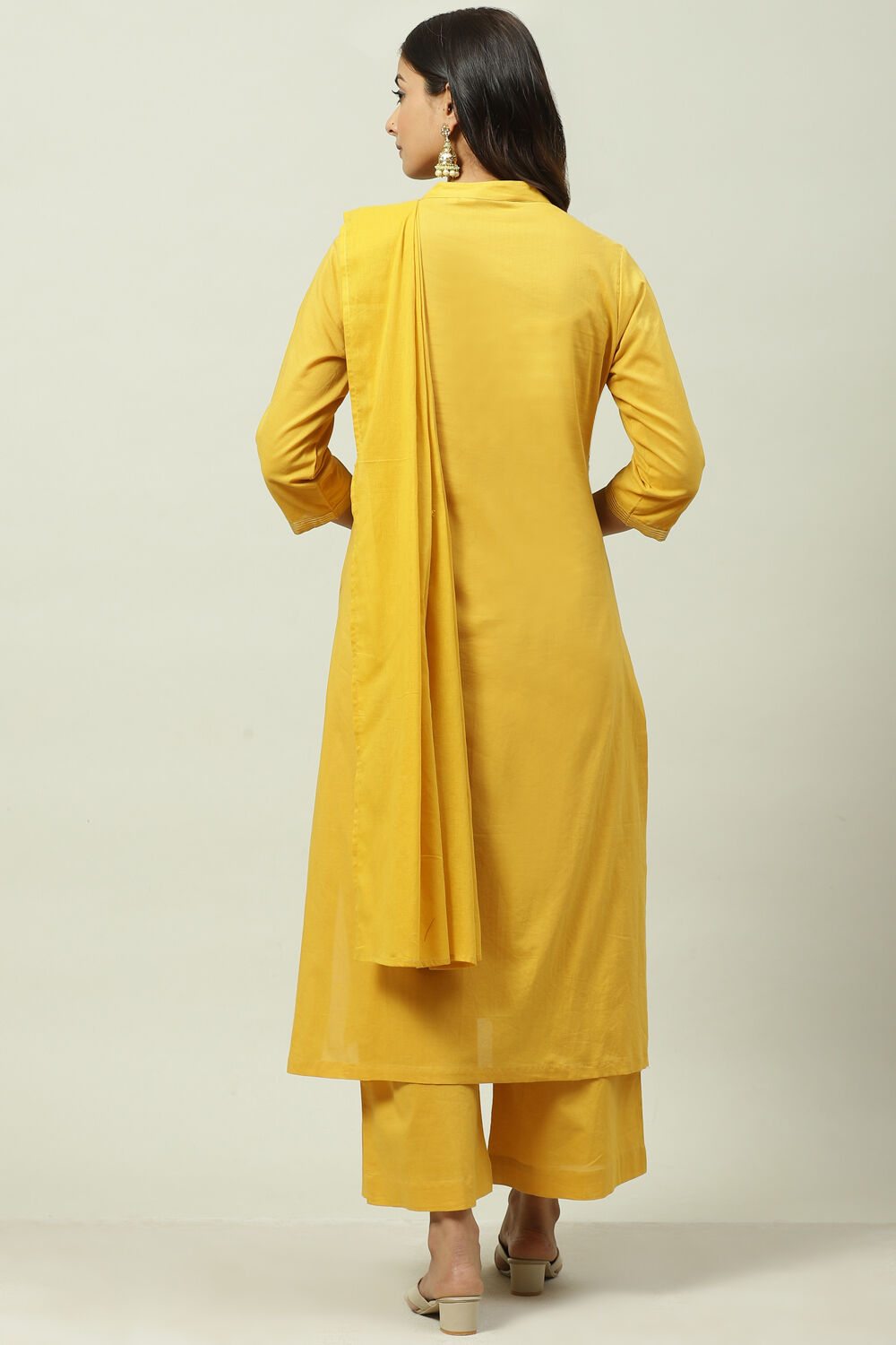Mustard Printed Cotton Straight Kurta Palazzo Suit Set image number 4