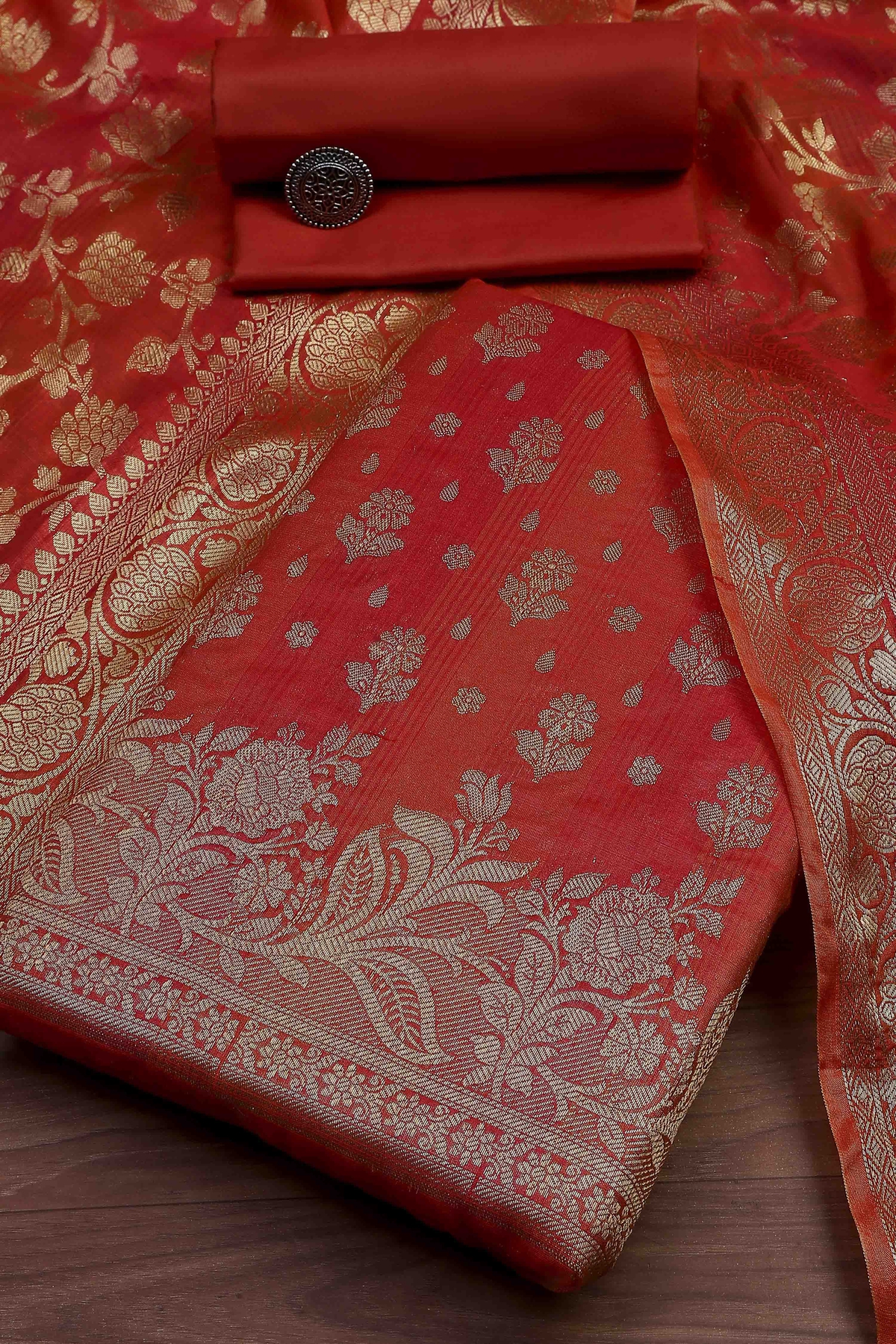Rust Cotton Printed Embroidered Unstitched Suit Set