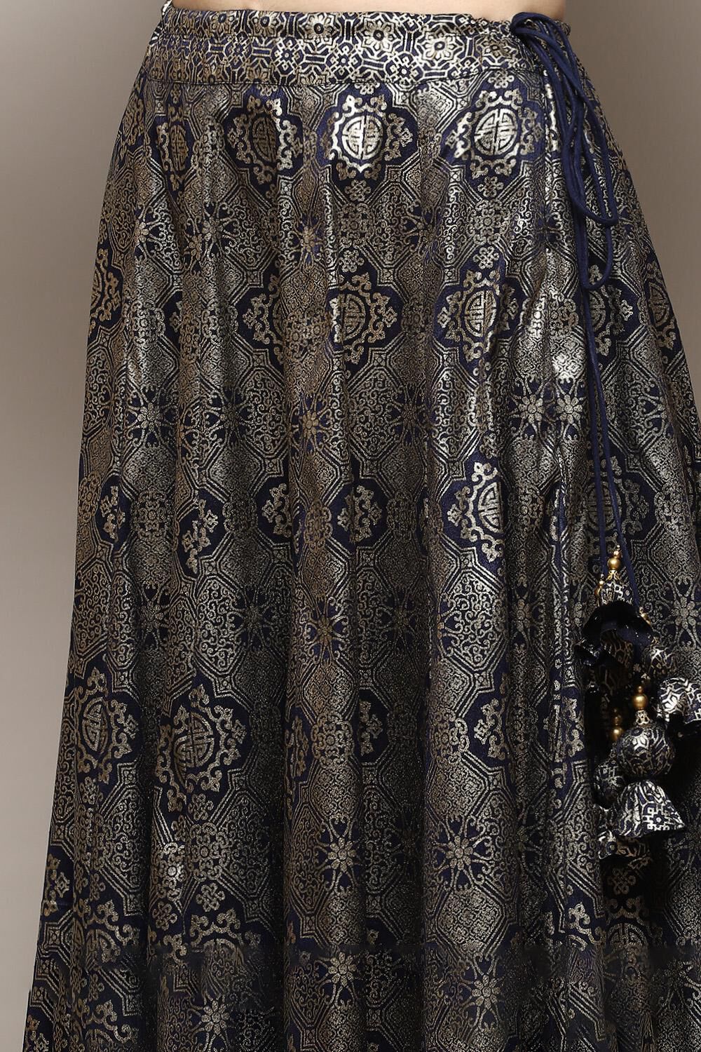 Navy Blue Foil Printed Lehenga Set image number 2