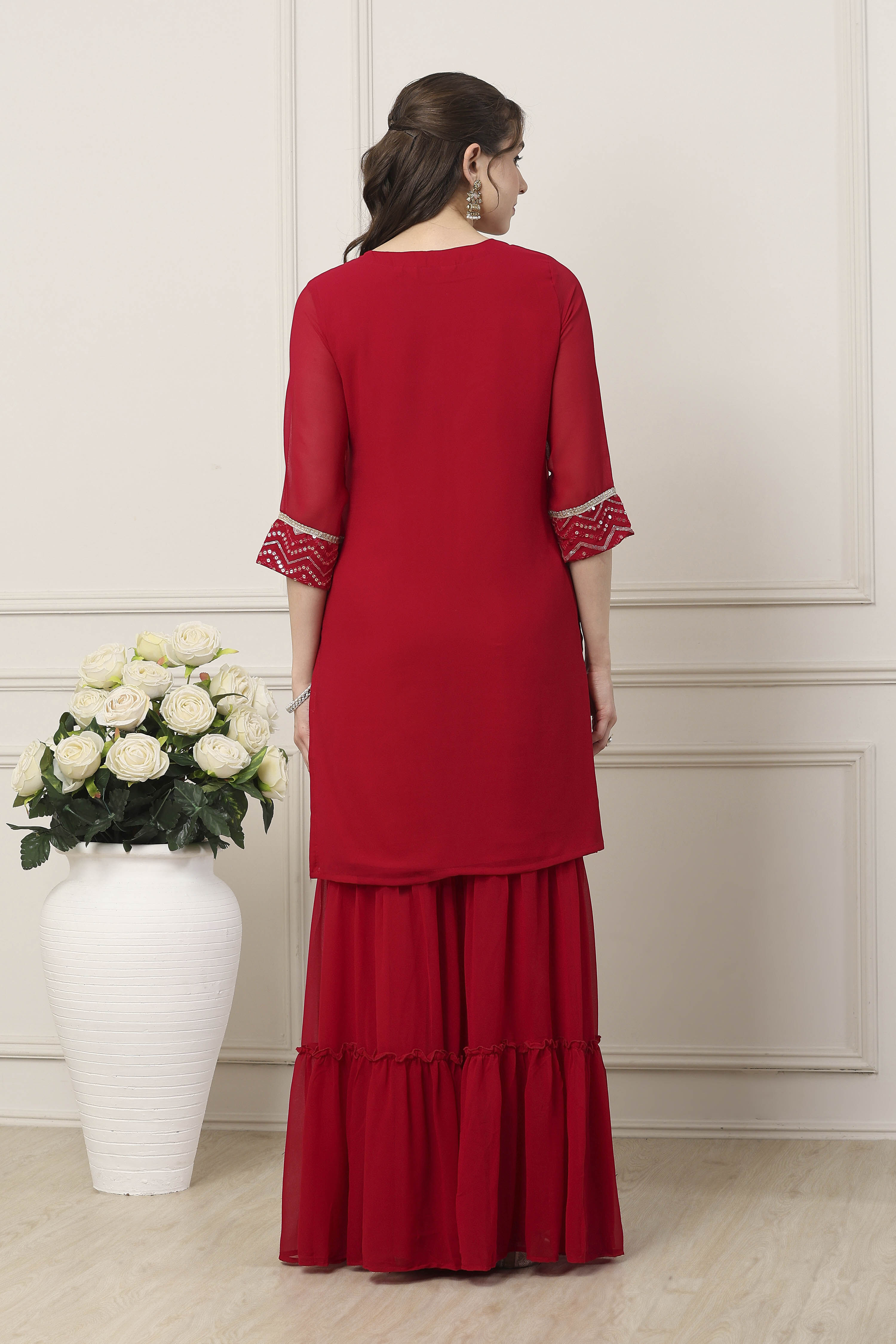 Red Polyester Straight Embroidered Sharara Suit Set image number 5