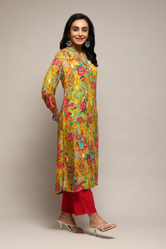 Yellow Viscose Straight Printed Kurta image number 3