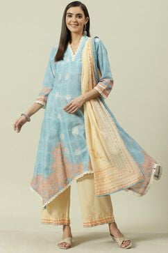 Pale Blue Printed Cotton Kalidar Suit Set image number 0