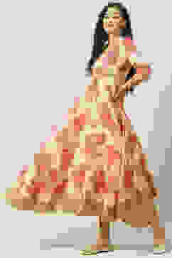 Beige Art Silk Flared Fusion Printed Dress image number 2