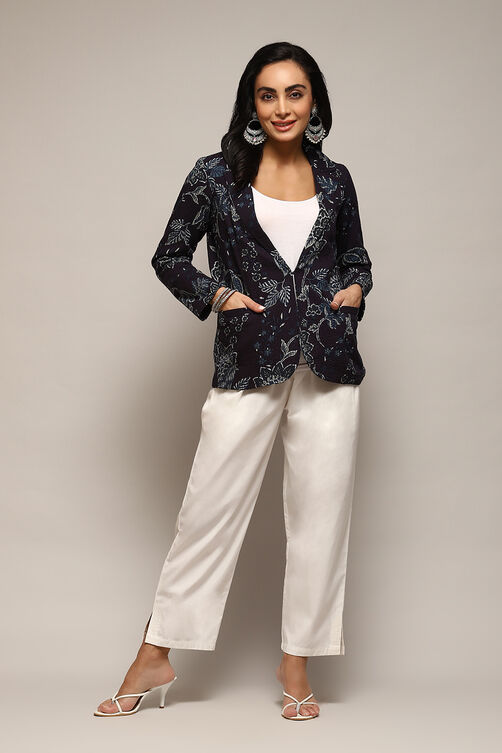 Navy Rayon Straight Printed Jacket image number 0