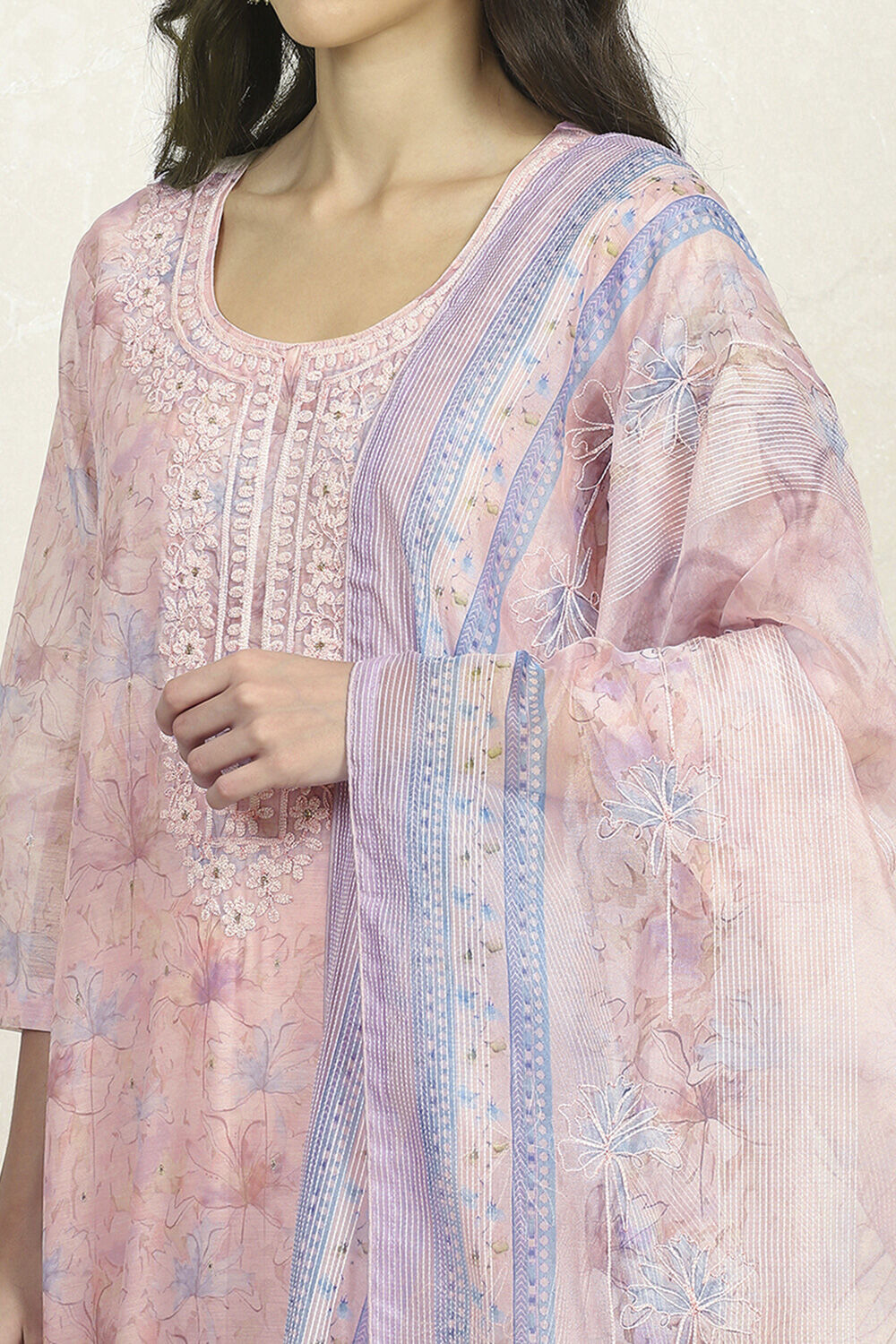 Light Pink Chanderi Unstitched Suit Set image number 2