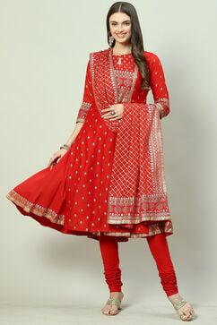 Red Art Silk Layered Kurta Churidar Suit Set image number 8