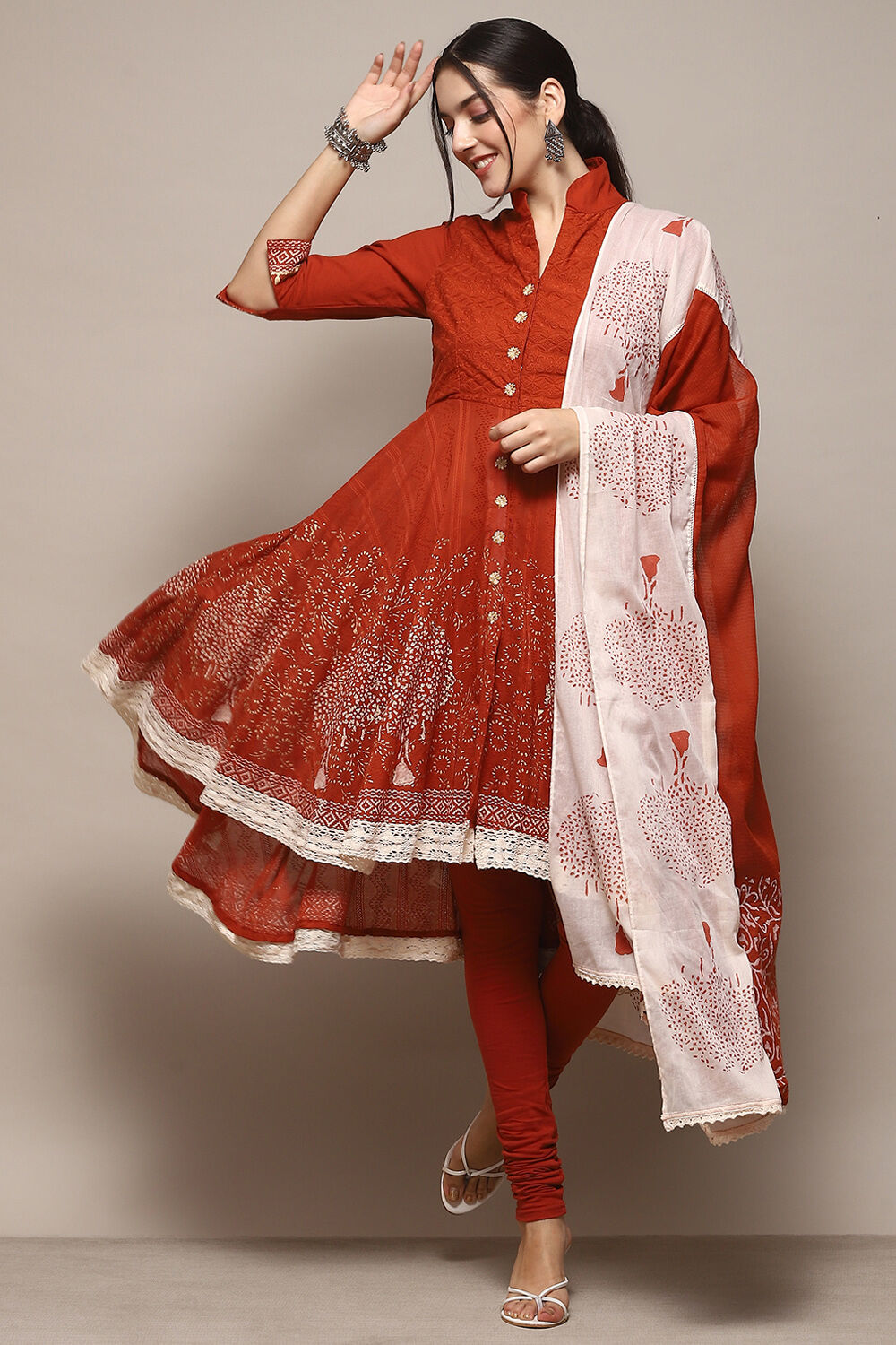 Turquoise Cotton Anarkali Solid Kurta Churidar Suit Set image number 0