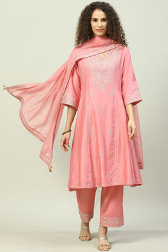 Pink Cotton Silk A-Line Kurta Narrow Palazzo Suit Set image number 8