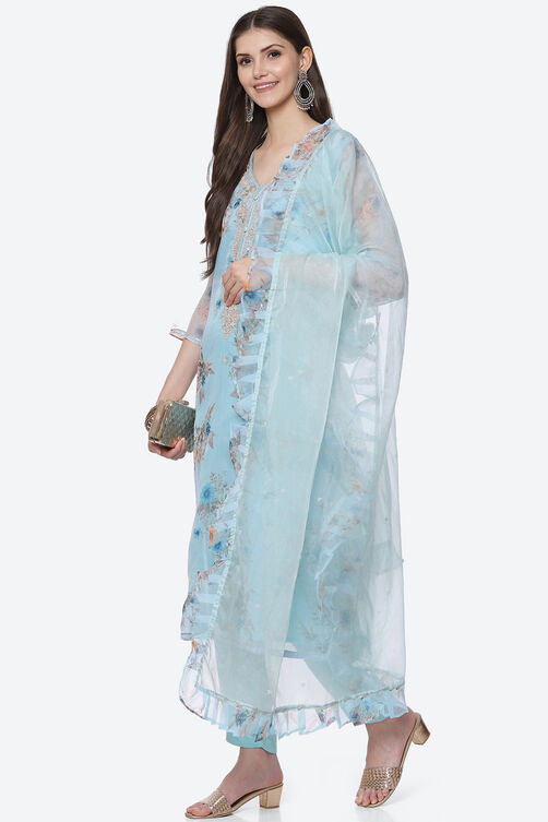 Blue Organza Unstitched Suit Set image number 7