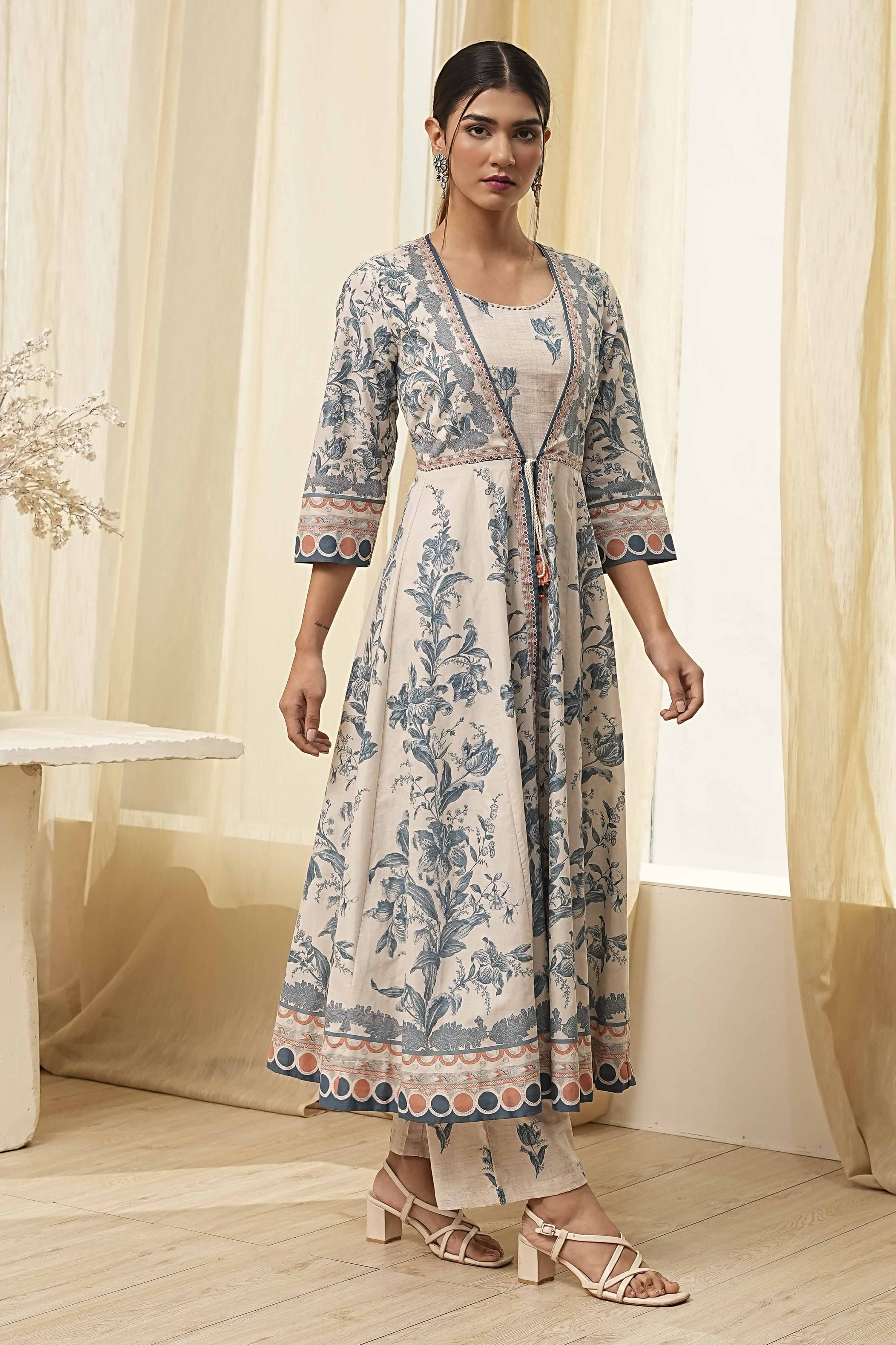 Beige and Blue Printed Front Open Kurta Set image number 5