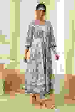 Beige and Blue Printed Front Open Kurta Set image number 5