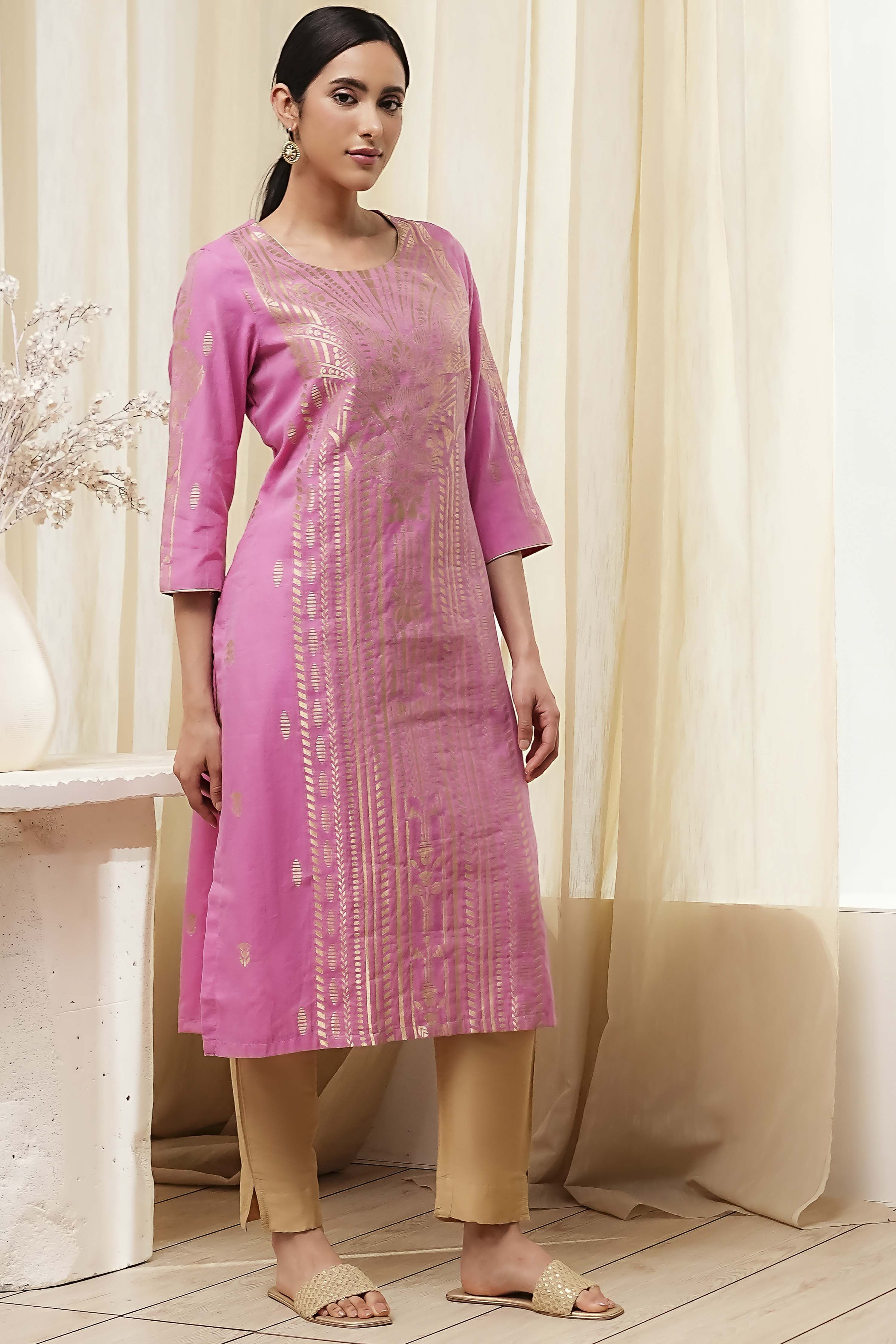 Pink Poly Cotton Straight Yarndyed Kurta image number 4