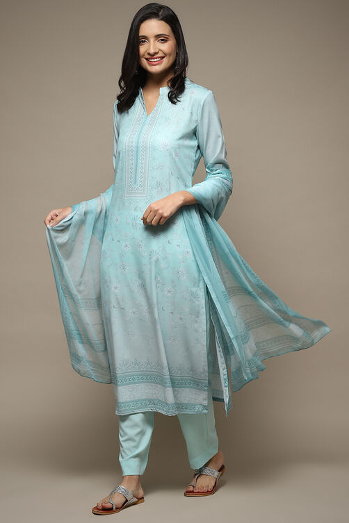 Light Blue Silk Blend Digital Print Unstitched Suit Set image number 1