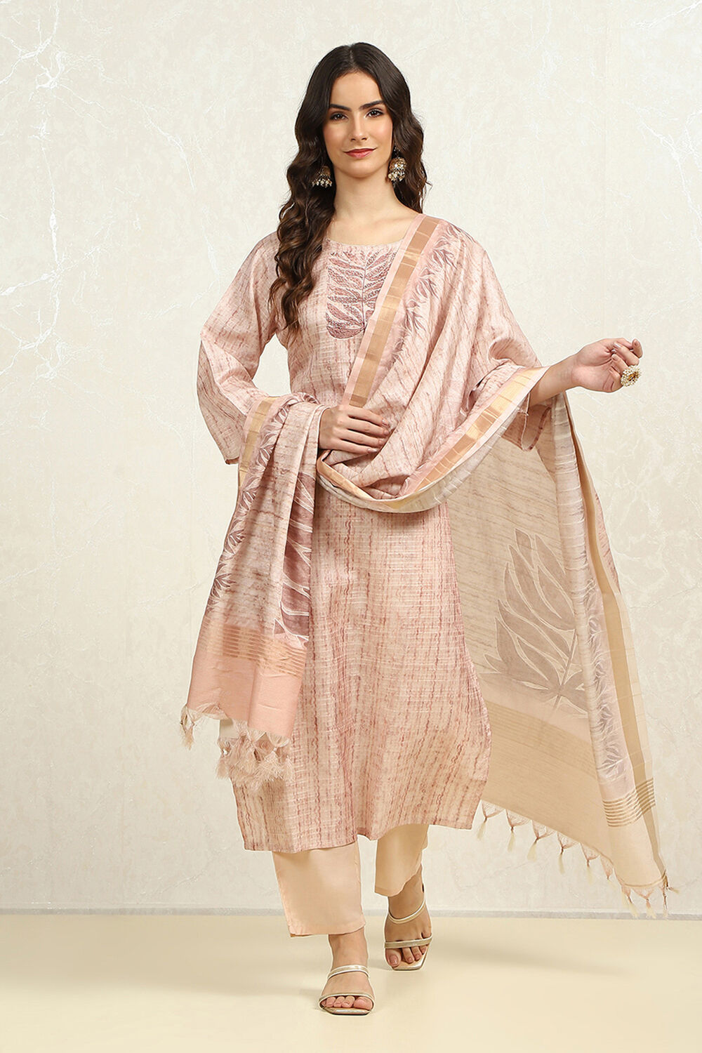 Blue Tussar Printed Unstitched Suit Set image number 1