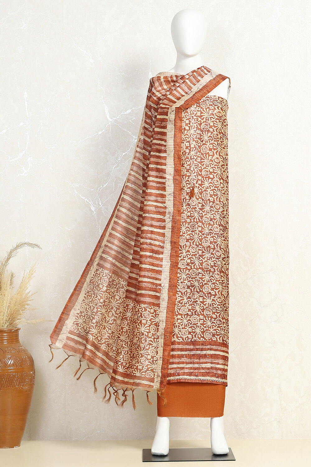 Rust Silk Blend Printed Unstitched Suit Set image number 4