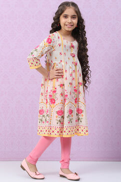 Off White & Pink Cotton Flared Printed Kurta Set image number 5