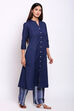 Navy Blue Cotton Flax A-Line Kurta Palazzo Suit Set image number 3