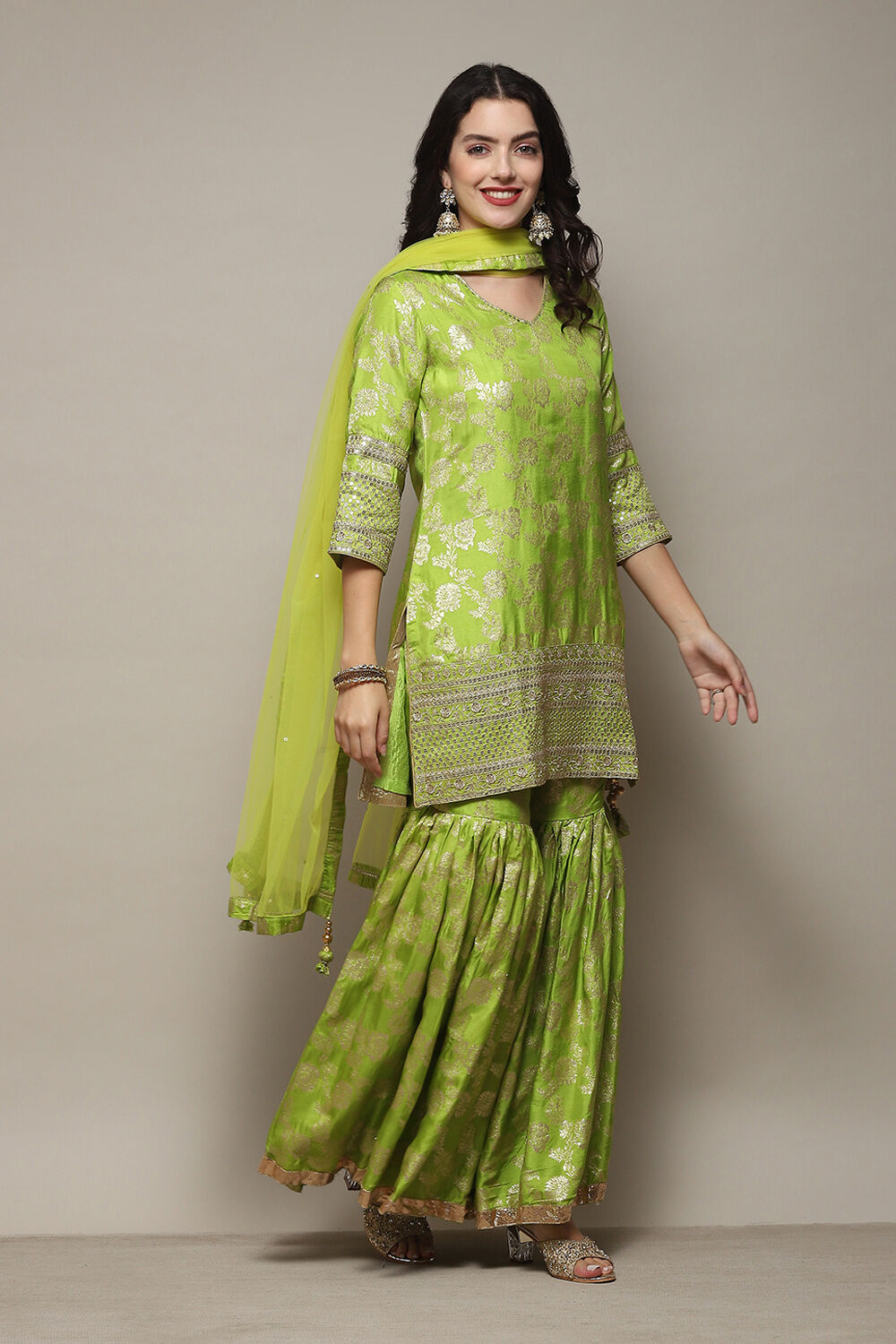 Lime Green Viscose Brocade Straight Kurta Palazzo Suit Set image number 6