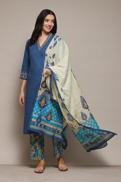 Blue Cotton Straight Kurta Pant Suit Set image number 7