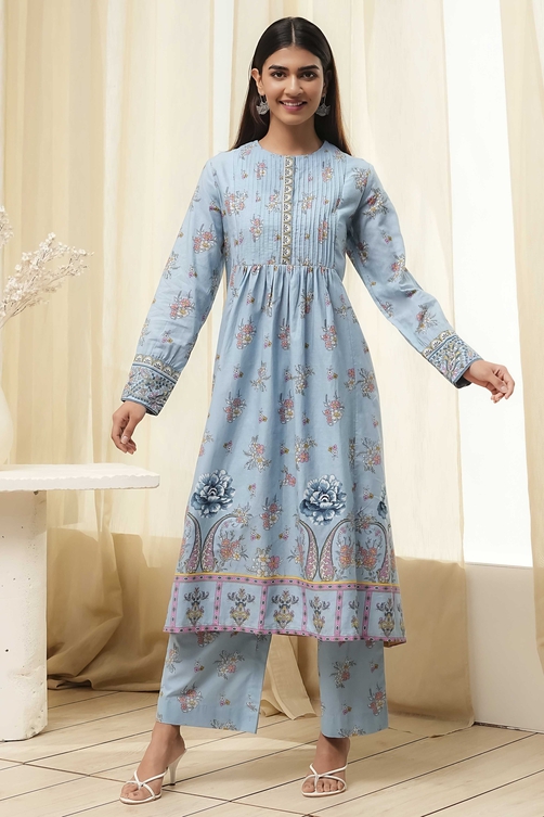 Dull Blue Cotton Flared Printed Kurta Set image number 6