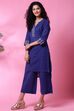 Blue Cotton Flax Straight Kurta Pants Set image number 0