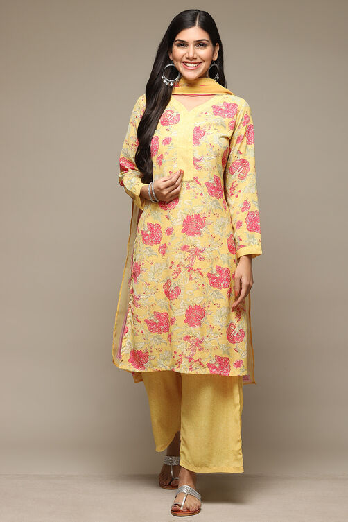 Yellow Art Silk Straight Kurta Narrow Pants Suit Set image number 7