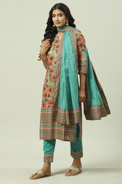 Sage Green Cotton Straight Kurta Slim Pant Suit Set image number 0