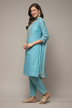 Turquoise Cotton Blend Straight Kurta Pants Suit Set image number 3