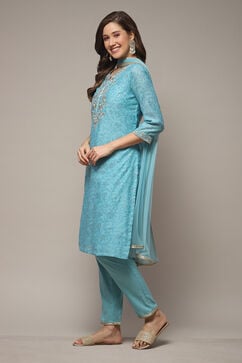 Turquoise Cotton Blend Straight Kurta Pant Suit Set image number 3