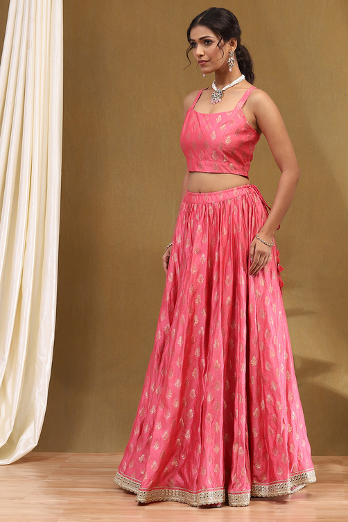 Coral-Pink Polyester Blend Anarkali Lehenga Set image number 5
