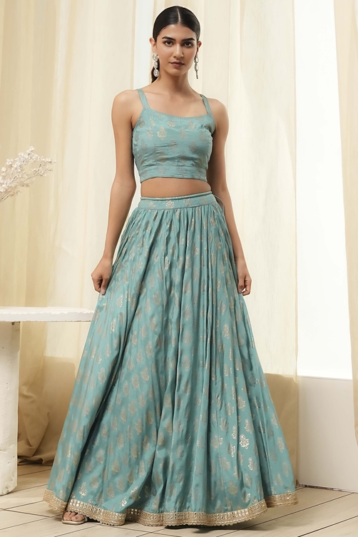 Coral-Pink Polyester Blend Anarkali Lehenga Set image number 6