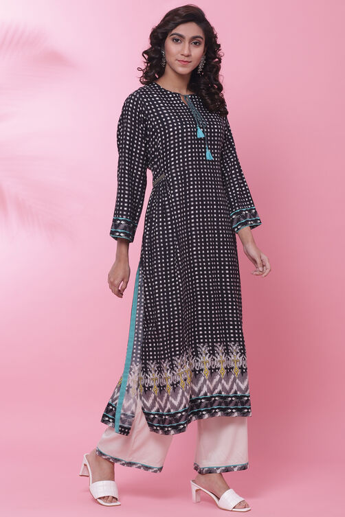 Black Rayon Straight Fusion Printed Kurta Set image number 5