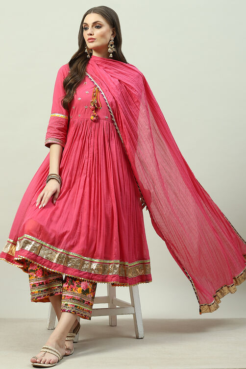 Pink Cotton Anarkali Kurta Palazzo Suit Set image number 0