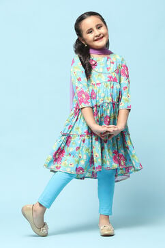 Turquoise Cotton Tiered Printed Suit Set image number 0
