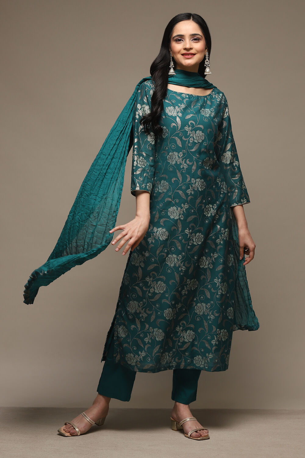 Peacock Green Cotton Blend Straight Kurta Pants Suit Set image number 0