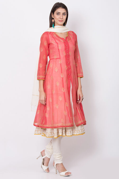 Coral Poly Cotton Front Open Kurta Churidar Suit Set image number 3