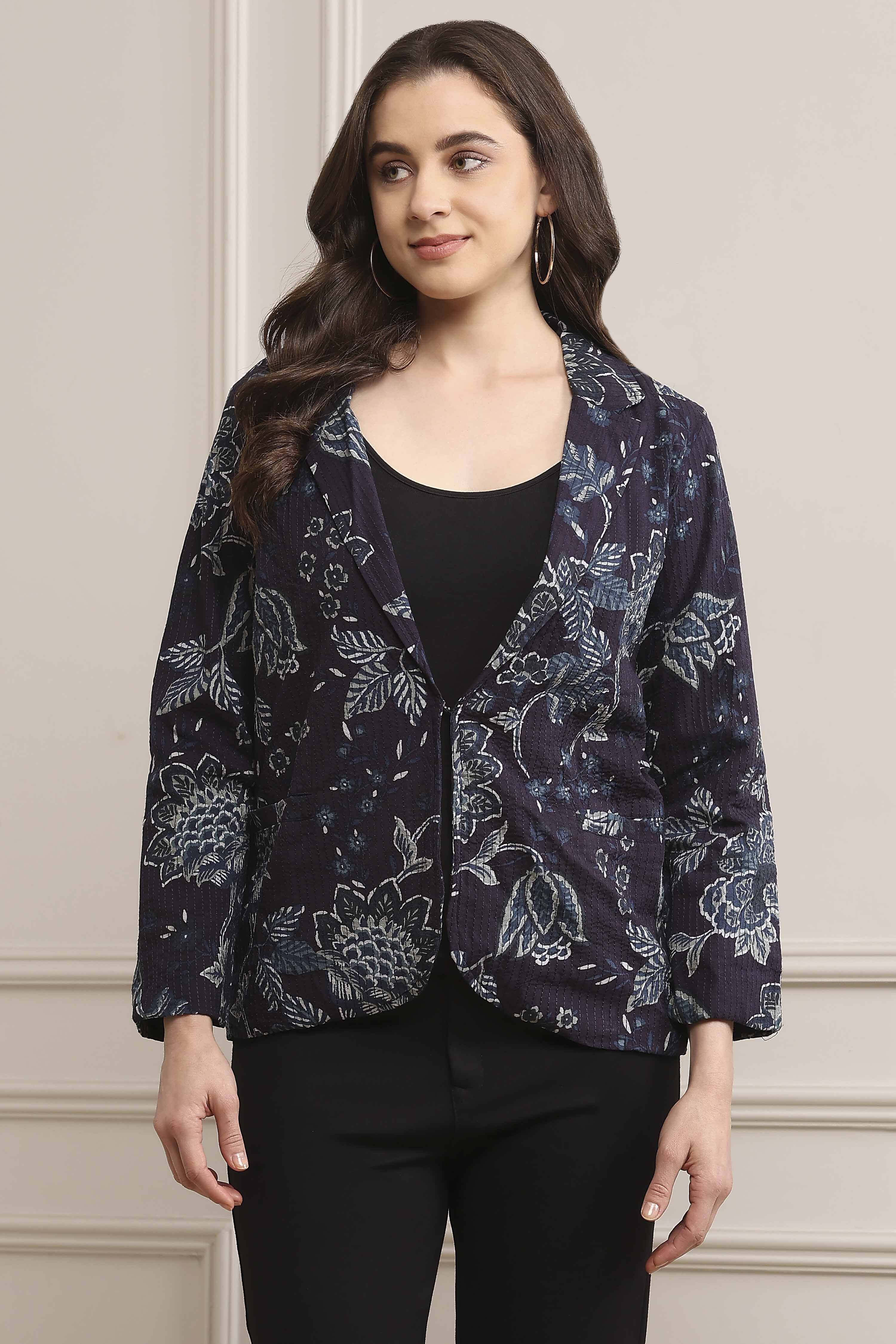 Navy Rayon Straight Printed Jacket image number 5