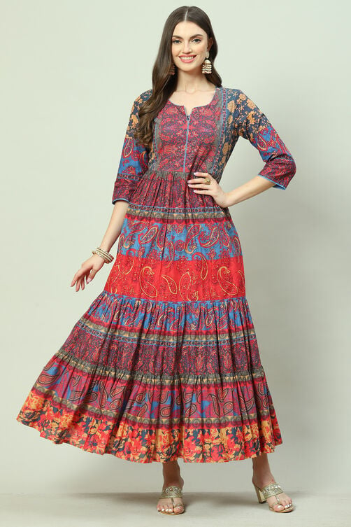 Buy Marine Blue Cotton Tiered Printed Dress for INR2579.40 |Biba India
