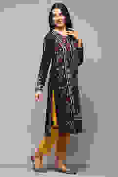 Pink & Purple Poly Cotton Straight Yarndyed Kurta image number 4