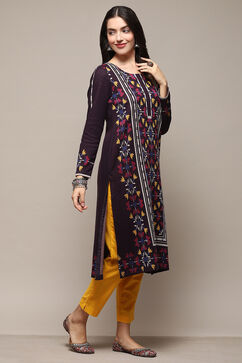 Pink & Purple Poly Cotton Straight Yarndyed Kurta image number 4