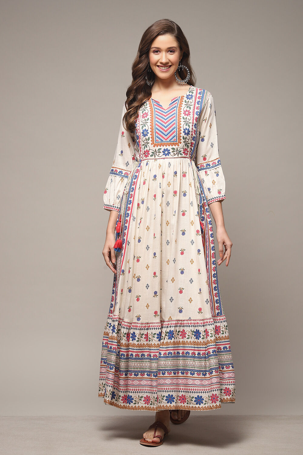 Ecru LIVA Tiered Printed Dress image number 1