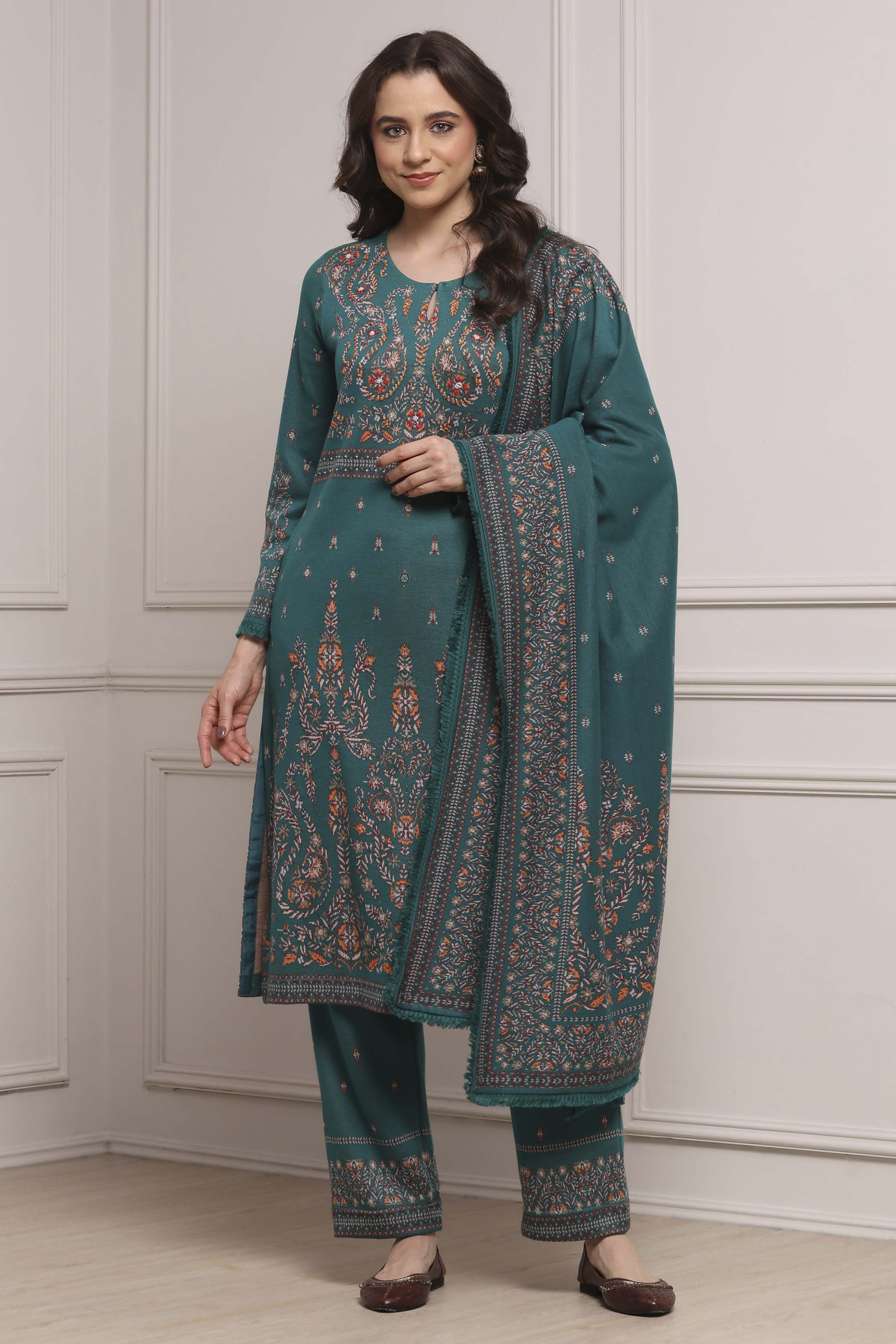 Green Printed Straight Winter Suit Set image number 6