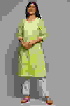 Sea Green Cotton Straight Embroidered Kurta image number 5