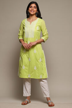 Sea Green Cotton Straight Embroidered Kurta image number 5