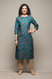 Turquoise Cotton Straight Printed Kurta image number 5