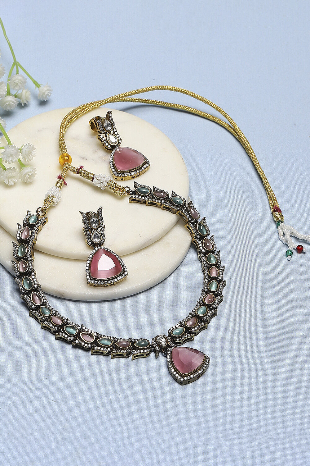 Pink-Green Brass Drop & Danglers image number 0