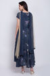Navy Blue Cotton Silk Flared Kurta Slim Pant Suit Set image number 4