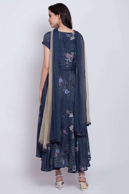 Navy Blue Cotton Silk Flared Kurta Slim Pant Suit Set image number 4